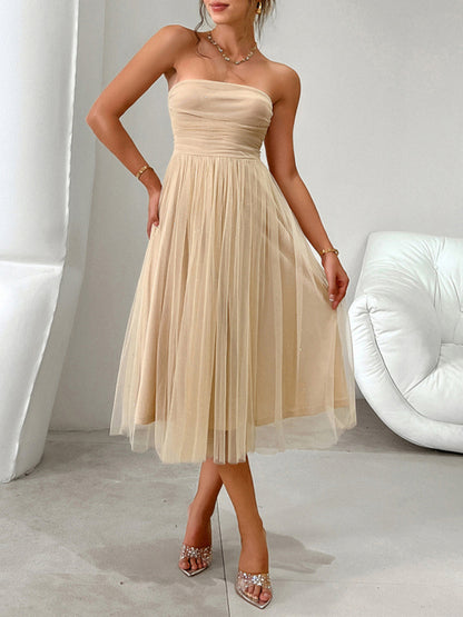 Women Fashion Romantic Strapless high waist mesh Party Evening Dress