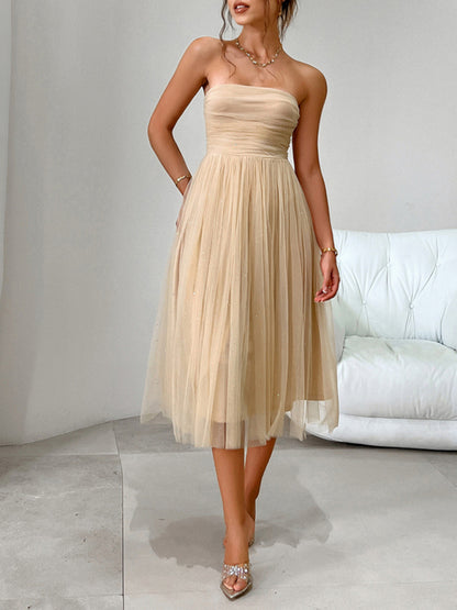 Women Fashion Romantic Strapless high waist mesh Party Evening Dress