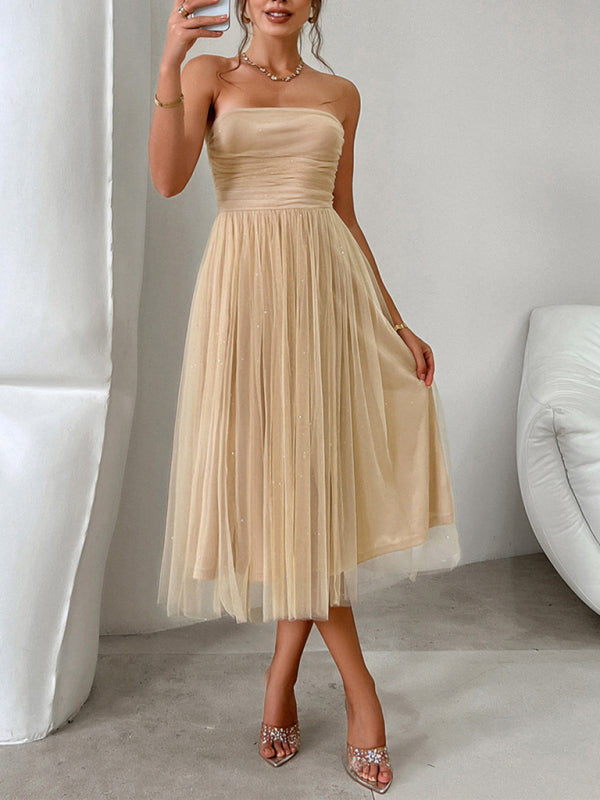 Women Fashion Romantic Strapless high waist mesh Party Evening Dress