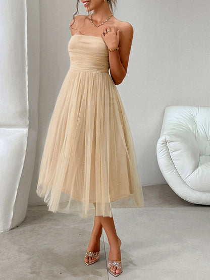 Women Fashion Romantic Strapless high waist mesh Party Evening Dress