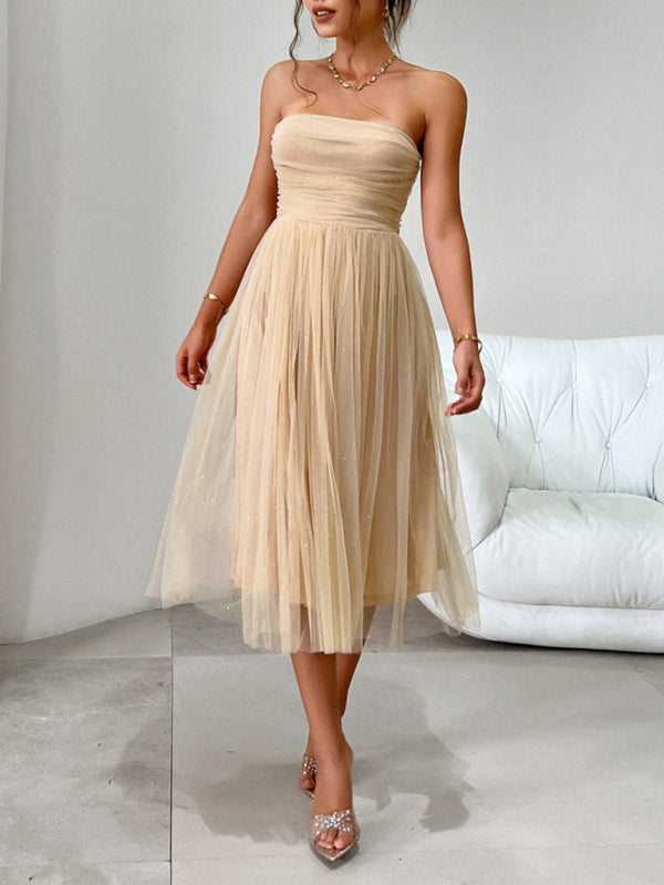 Women Fashion Romantic Strapless high waist mesh Party Evening Dress