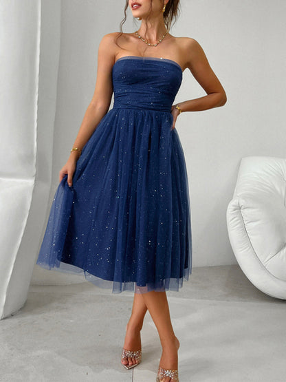 Women Fashion Romantic Strapless high waist mesh Party Evening Dress