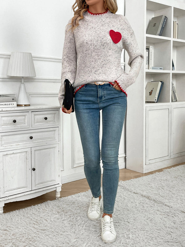 Women Half Turtleneck Valentine's Day Heart Pattern Sweater Tops