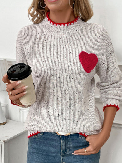 Women Half Turtleneck Valentine's Day Heart Pattern Sweater Tops