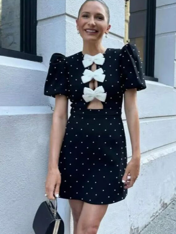 Women Romantic Bow Polka Dot Party Short Dress