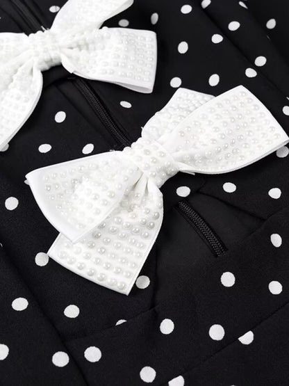 Women Romantic Bow Polka Dot Party Short Dress