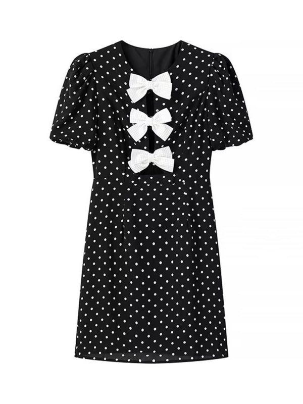 Women Romantic Bow Polka Dot Party Short Dress