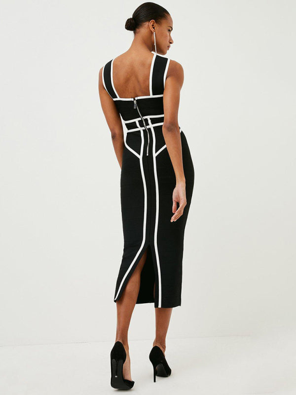 Halter Neck Contrast Black White Geometric Bandage Long Slim Retro Stretch Dress