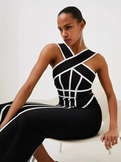 Halter Neck Contrast Black White Geometric Bandage Long Slim Retro Stretch Dress