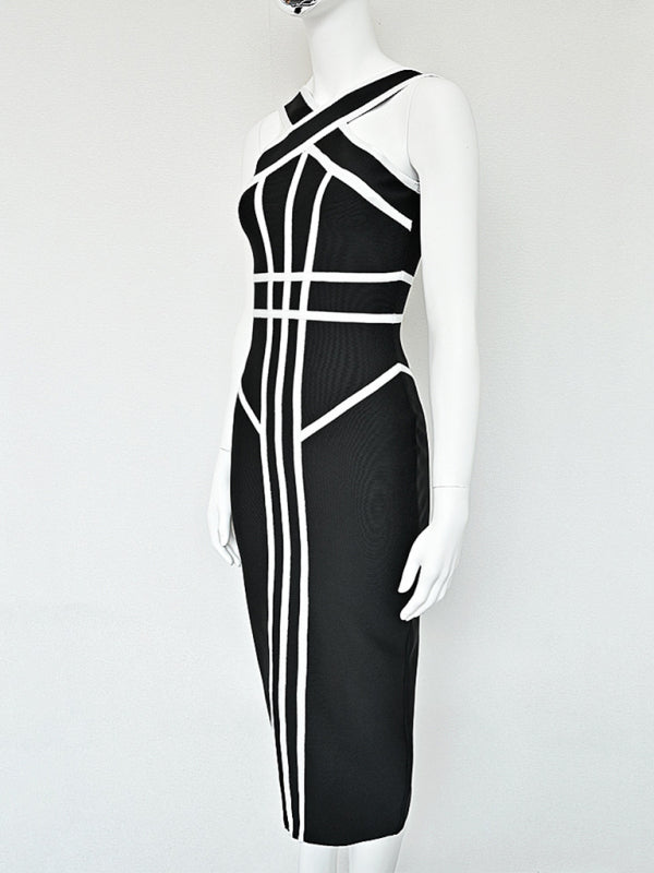 Halter Neck Contrast Black White Geometric Bandage Long Slim Retro Stretch Dress