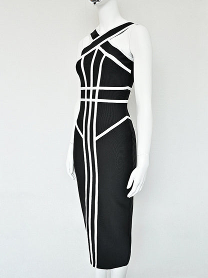 Halter Neck Contrast Black White Geometric Bandage Long Slim Retro Stretch Dress