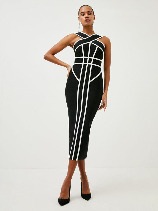 Halter Neck Contrast Black White Geometric Bandage Long Slim Retro Stretch Dress