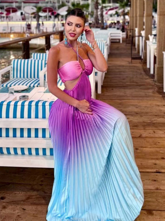 Sexy Gradient color halter neck pleated fashion long skirt beach holiday dress