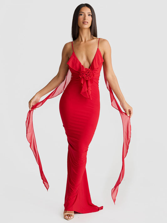 Hot girl's V-neck backless slim shoulder fishtail evening party dress