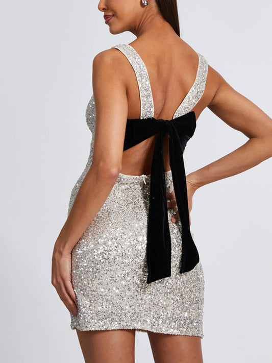 Women Sleeveless Fitted Backless Bow Sequin Mini Party Dress