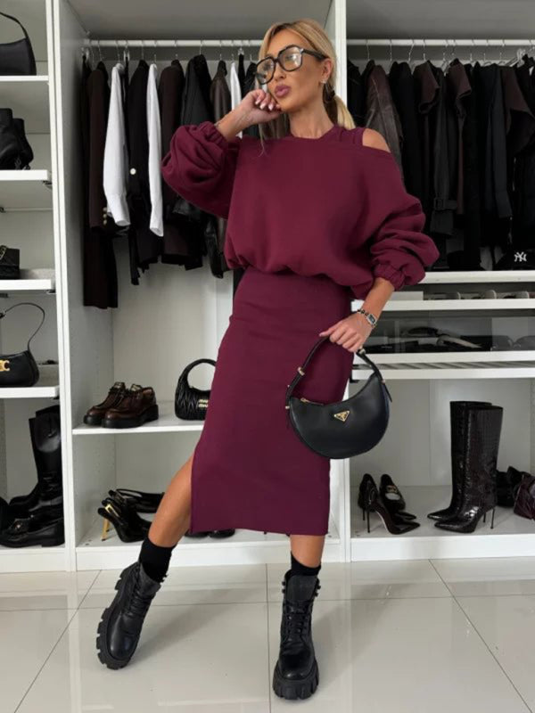 Women Loose-fitting bat sleeve short sweater tops vest long skirt suits