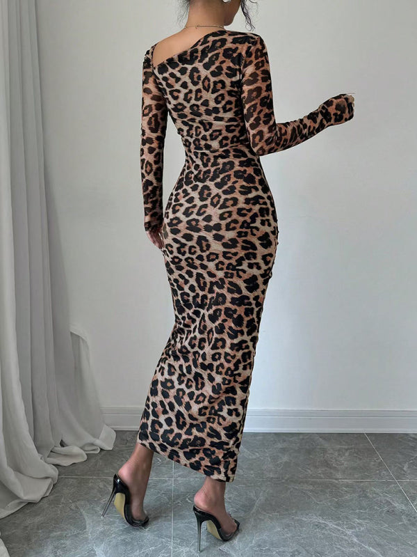 Women's Round Neck Long Sleeve Leopard Print High Waist Party Dress