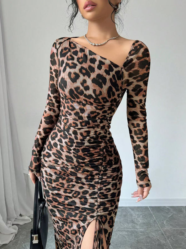 Women's Round Neck Long Sleeve Leopard Print High Waist Party Dress