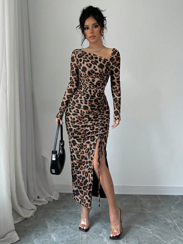 Women's Round Neck Long Sleeve Leopard Print High Waist Party Dress