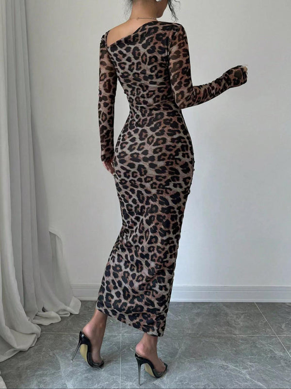 Women's Round Neck Long Sleeve Leopard Print High Waist Party Dress