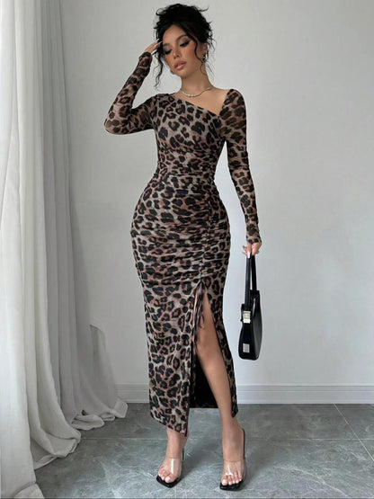 Women's Round Neck Long Sleeve Leopard Print High Waist Party Dress