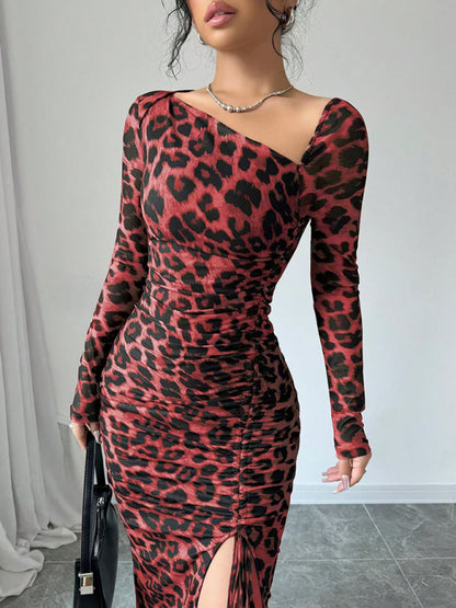 Women's Round Neck Long Sleeve Leopard Print High Waist Party Dress