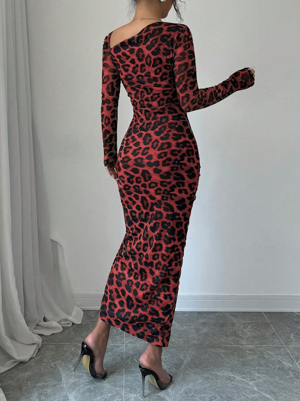 Women's Round Neck Long Sleeve Leopard Print High Waist Party Dress