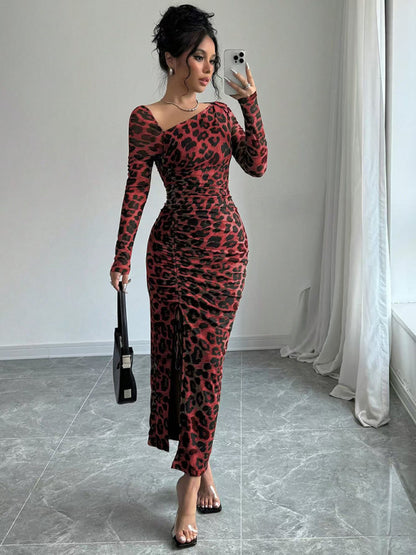 Women's Round Neck Long Sleeve Leopard Print High Waist Party Dress