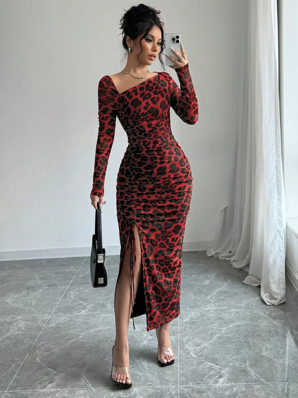 Women's Round Neck Long Sleeve Leopard Print High Waist Party Dress