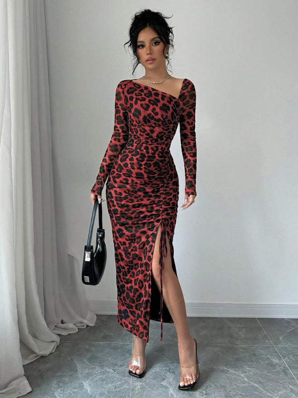 Women's Round Neck Long Sleeve Leopard Print High Waist Party Dress