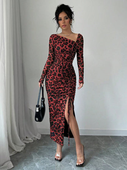 Women's Round Neck Long Sleeve Leopard Print High Waist Party Dress