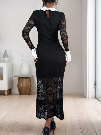 Women lace stitching black / white contrast high-end elegant slim party dress