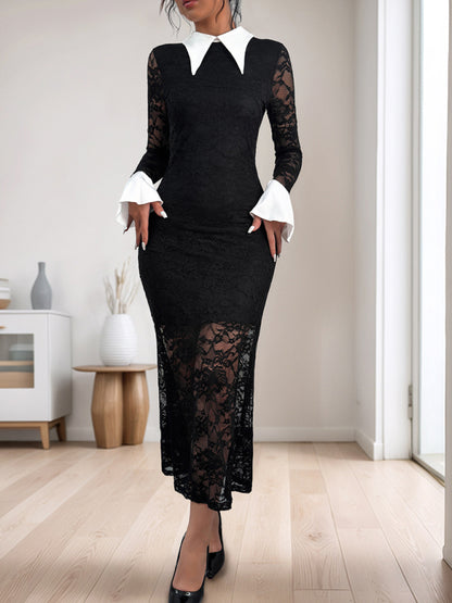 Women lace stitching black / white contrast high-end elegant slim party dress