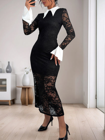 Women lace stitching black / white contrast high-end elegant slim party dress