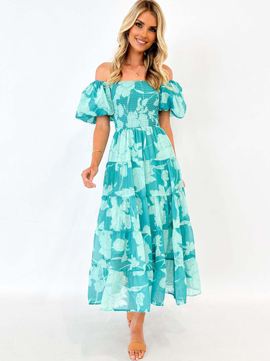 Women's One-shoulder Chiffon Puff Sleeve Layered Waist Printed Maxi Party Dress