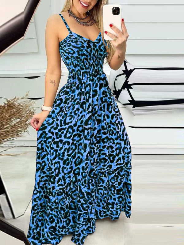 Women Strap Fashion Leopard Print V-Neck Long Maxi Party Dress