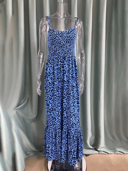 Women Strap Fashion Leopard Print V-Neck Long Maxi Party Dress