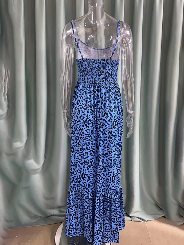 Women Strap Fashion Leopard Print V-Neck Long Maxi Party Dress