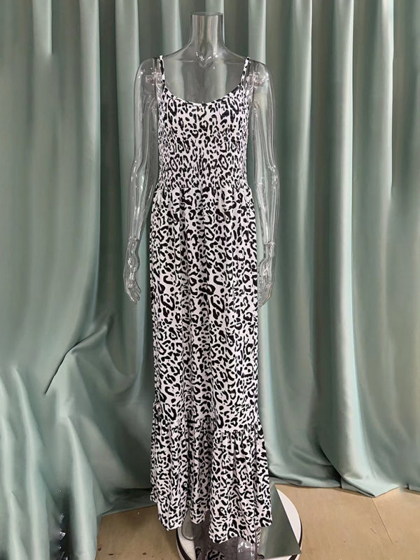 Women Strap Fashion Leopard Print V-Neck Long Maxi Party Dress