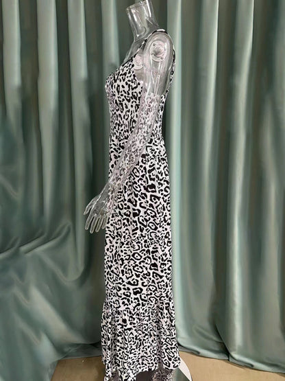 Women Strap Fashion Leopard Print V-Neck Long Maxi Party Dress