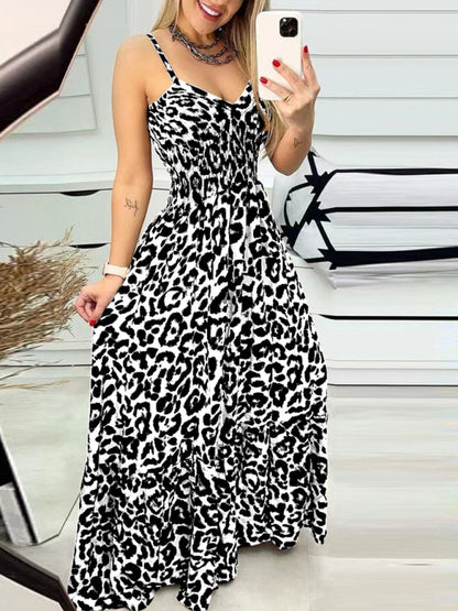 Women Strap Fashion Leopard Print V-Neck Long Maxi Party Dress