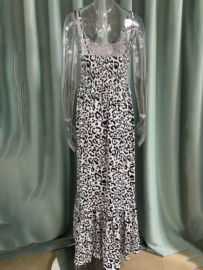 Women Strap Fashion Leopard Print V-Neck Long Maxi Party Dress