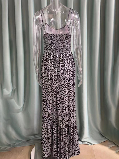 Women Strap Fashion Leopard Print V-Neck Long Maxi Party Dress