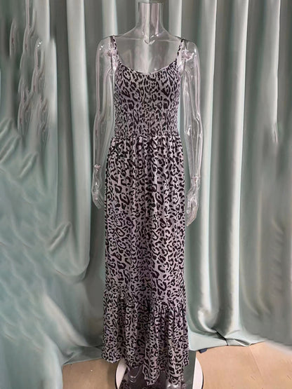 Women Strap Fashion Leopard Print V-Neck Long Maxi Party Dress