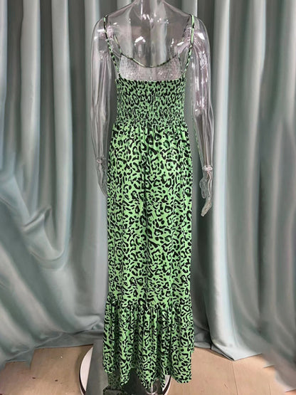 Women Strap Fashion Leopard Print V-Neck Long Maxi Party Dress