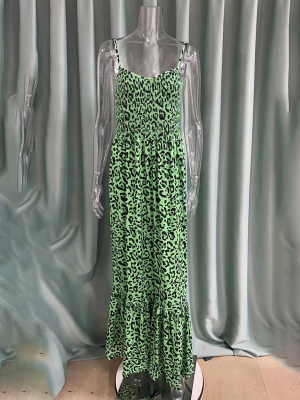 Women Strap Fashion Leopard Print V-Neck Long Maxi Party Dress