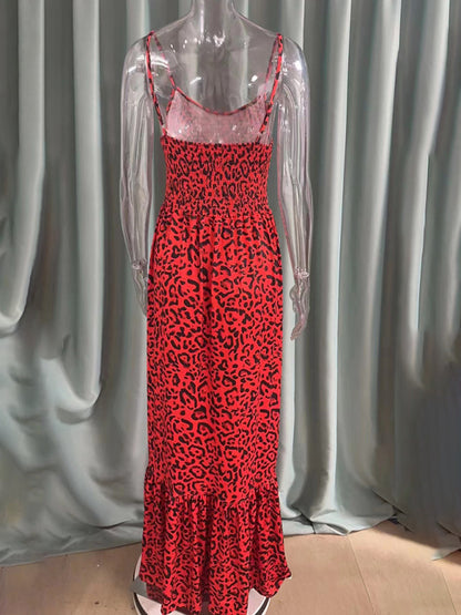 Women Strap Fashion Leopard Print V-Neck Long Maxi Party Dress