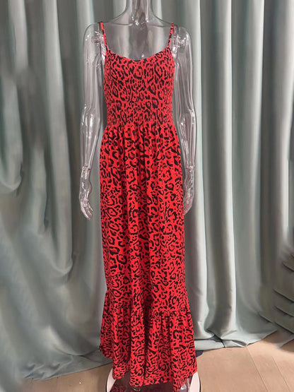 Women Strap Fashion Leopard Print V-Neck Long Maxi Party Dress