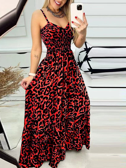 Women Strap Fashion Leopard Print V-Neck Long Maxi Party Dress