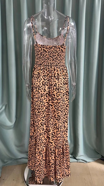 Women Strap Fashion Leopard Print V-Neck Long Maxi Party Dress